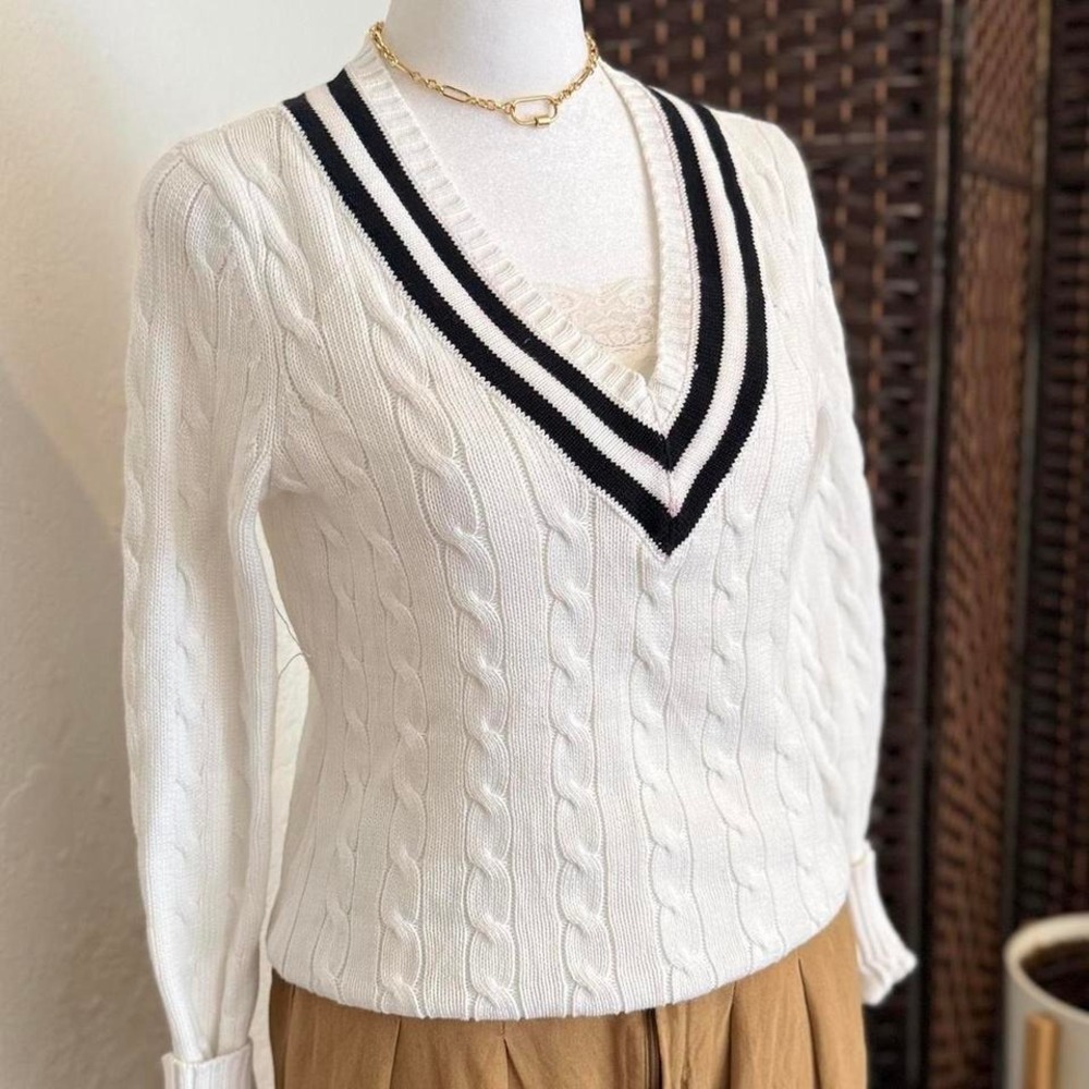 Ralph Lauren White Cable Knit Sweater Women's V Neck Striped Collar Top - Picture 2 of 8